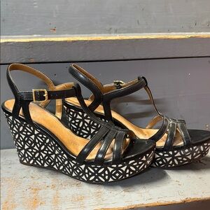 Clarks Black and White Patterned Wedge Sandals